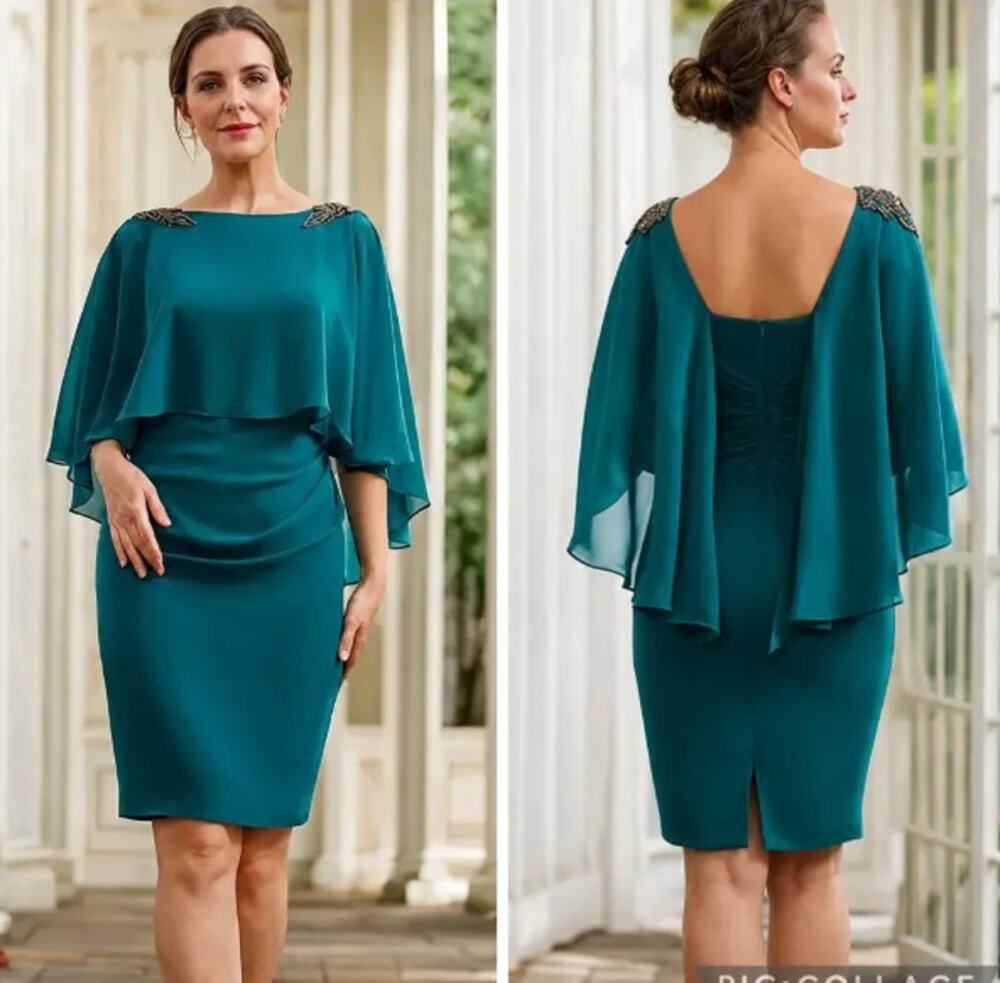 Oleg Cassini Size 16W Teal Chiffon Cape Beaded Shoulder Ruched Cocktail Dress